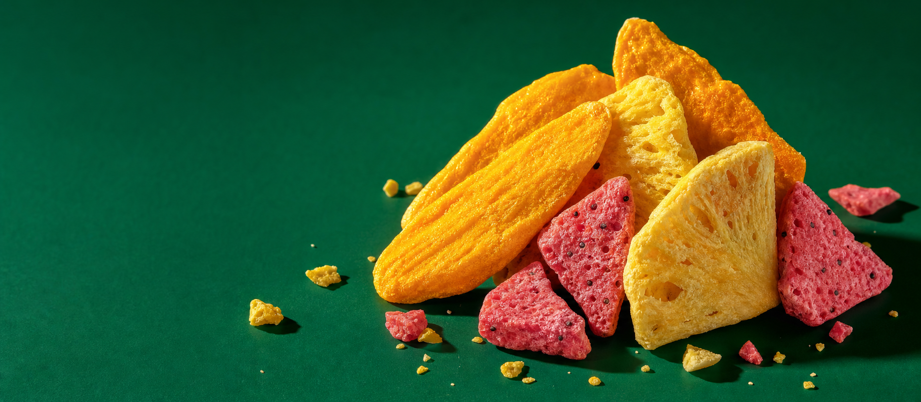 Macro view of golden mango, pineapple, and coral dragon-fruit crisps